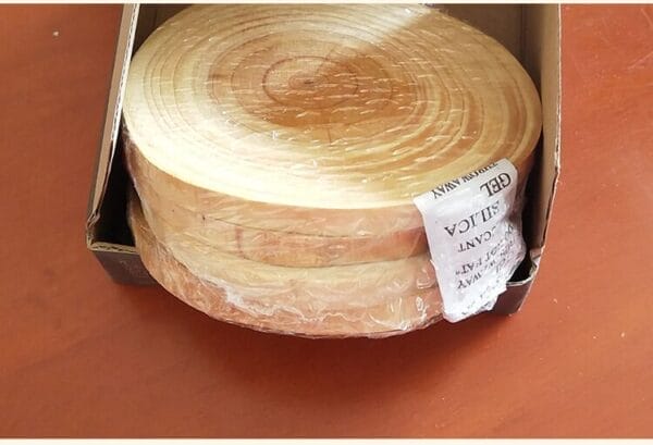AUTO-DRAFT wooden coasters, round wood slices in box, with silica gel packet.