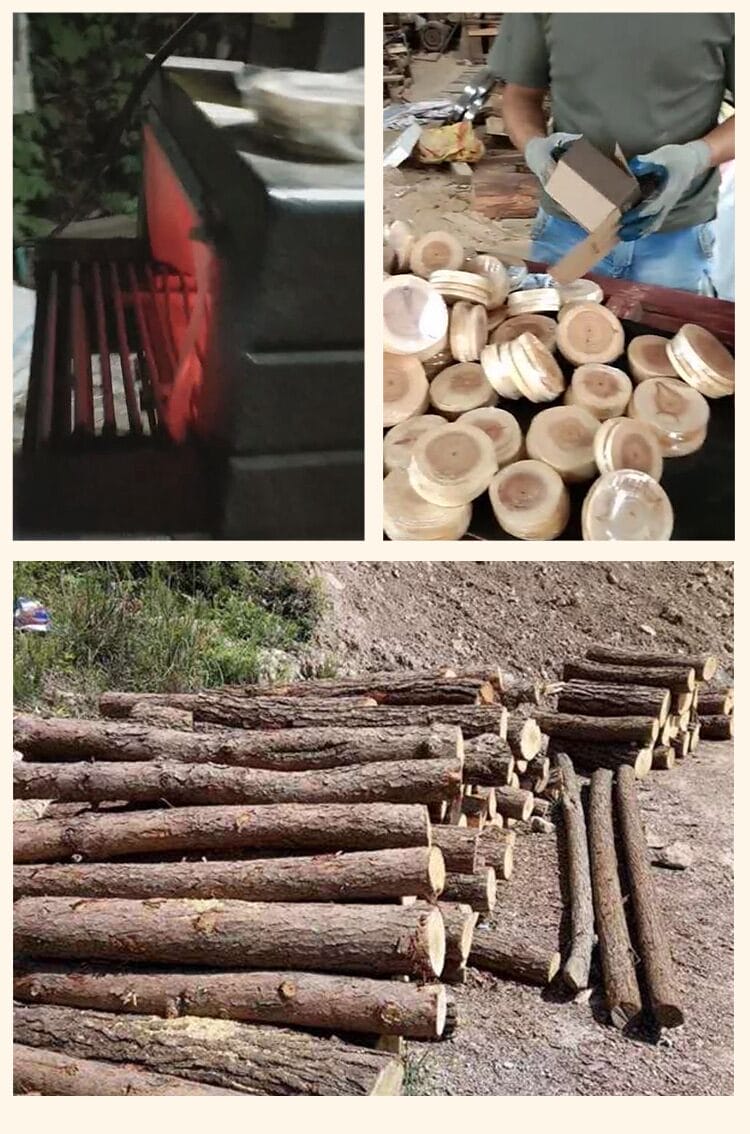 AUTO-DRAFT: Wood logs, wooden discs, and woodworking equipment collage.