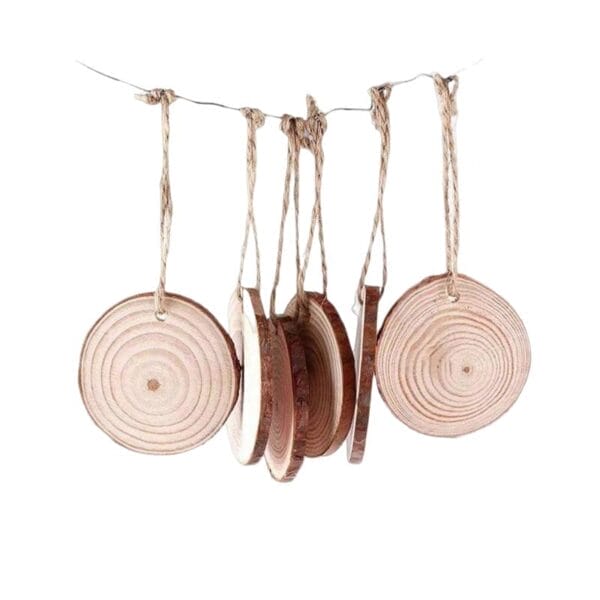 Rustic Wood Slice Ornaments 80-100mm: Natural wood Christmas tags hanging from twine, customizable.