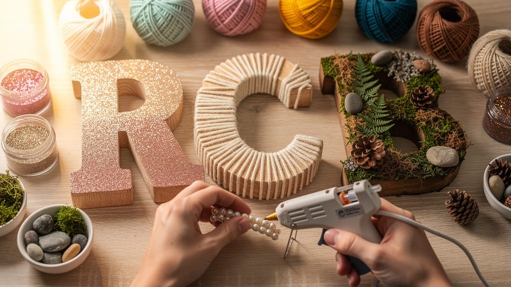 DIY wooden letters R, C, B with craft supplies: moss, yarn, glue gun.