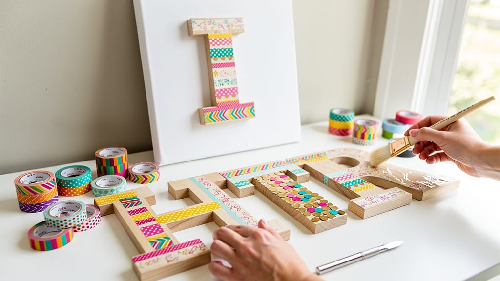 DIY wooden letter decoration with washi tape. Craft project for home decor.