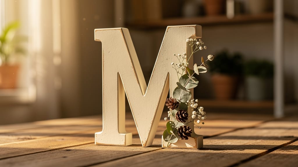 Wooden letter M decoration with flowers and pinecones on a wood table. DIY wooden letter decoration ideas.