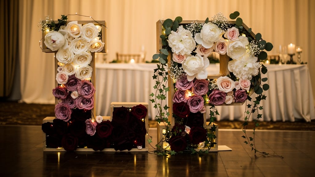 Wooden letters "J" and "P" decorated with roses and lights, a DIY wooden letter decoration ideas.