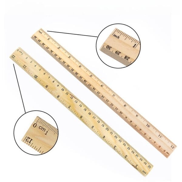 Wooden rulers: 12-inch and 30-cm scales for precise measurements, close-up details of inch and centimeter markings