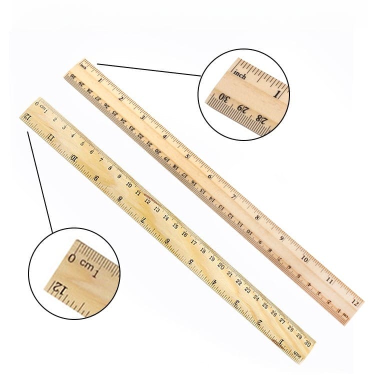 Wooden rulers: 12-inch and 30-cm scales for precise measurements, close-up details of inch and centimeter markings