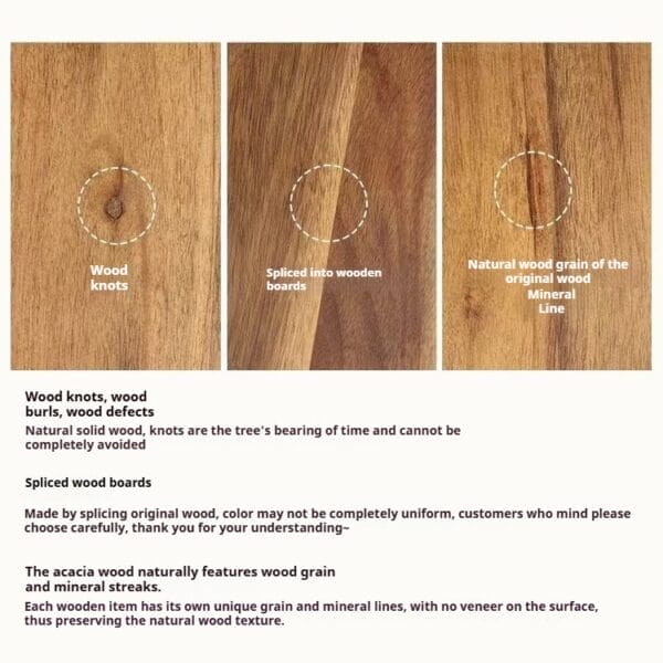 Acacia wood trays wholesale: Details of wood knots, spliced boards, and natural grain on acacia wood serving trays.