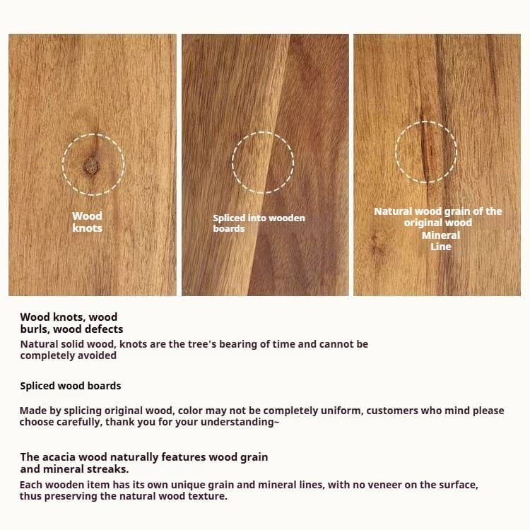 Acacia wood trays wholesale: Details of wood knots, spliced boards, and natural grain on acacia wood serving trays.