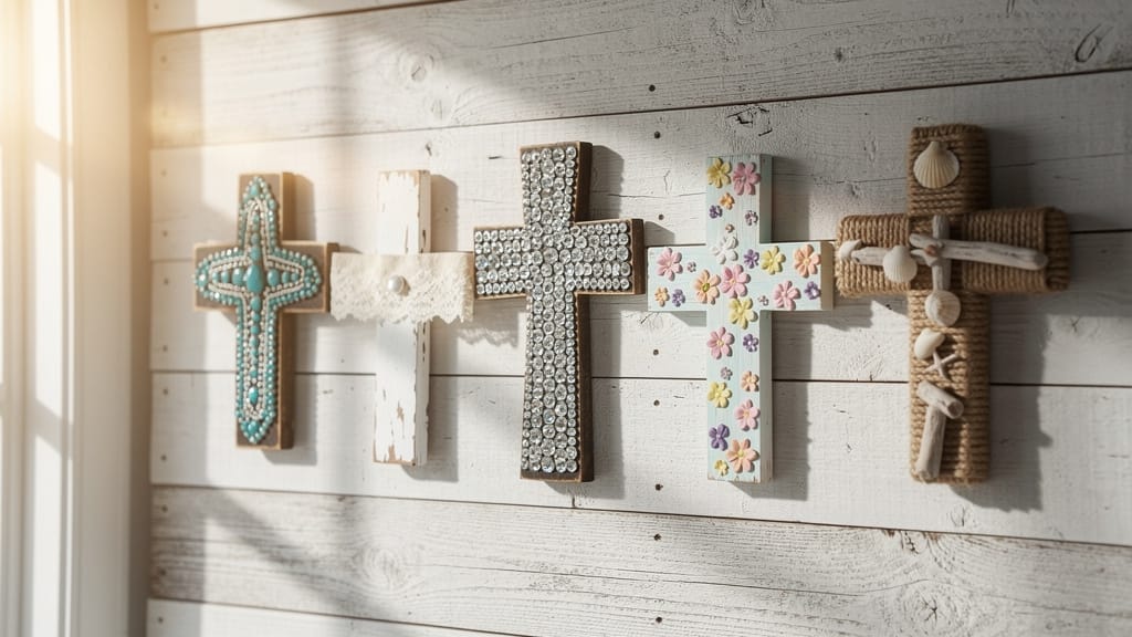 Decorating Wooden Crosses Ideas: Decorated wooden crosses wall art, various styles and textures.