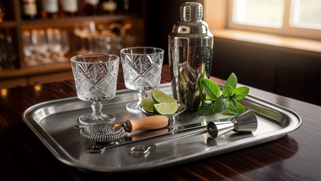 Cocktail set on a serving tray with shaker, glasses, lime, mint, strainer, and jigger.