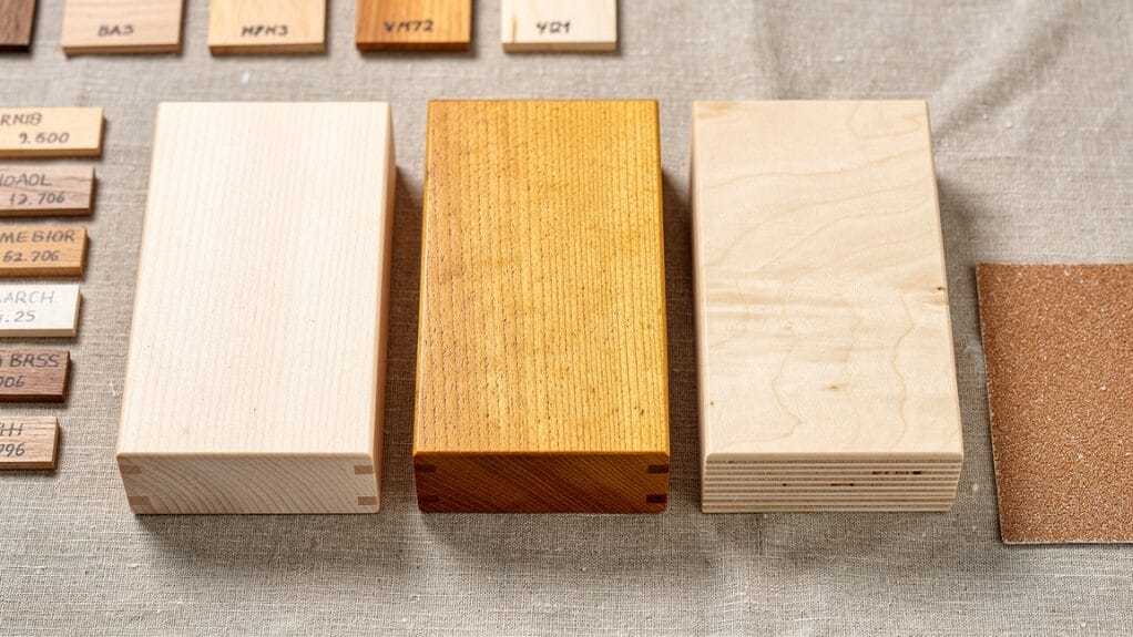 Three wooden boxes with different finishes, wood samples for engraving.