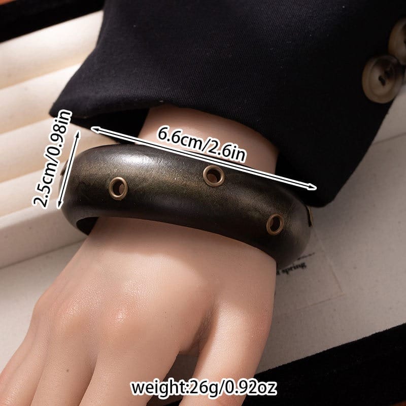 Black Wooden Bangle Cuff: Wide studded wooden bracelet with dimensions and weight shown.