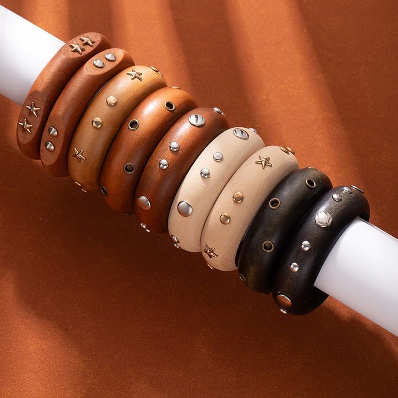 Wide studded wooden bangle cuffs in various wood tones. Black Wooden Bangle Cuff — Wide Studded Wooden Bracelet | Wooden Bangles Suppliers