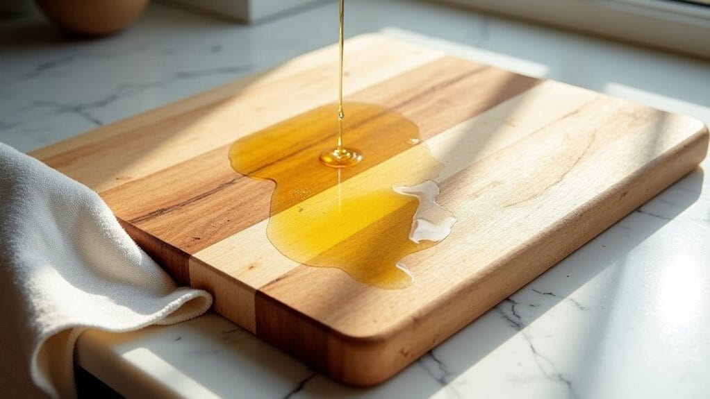 Oiling a wood cutting board: Oil being poured onto a wooden cutting board on a marble countertop.