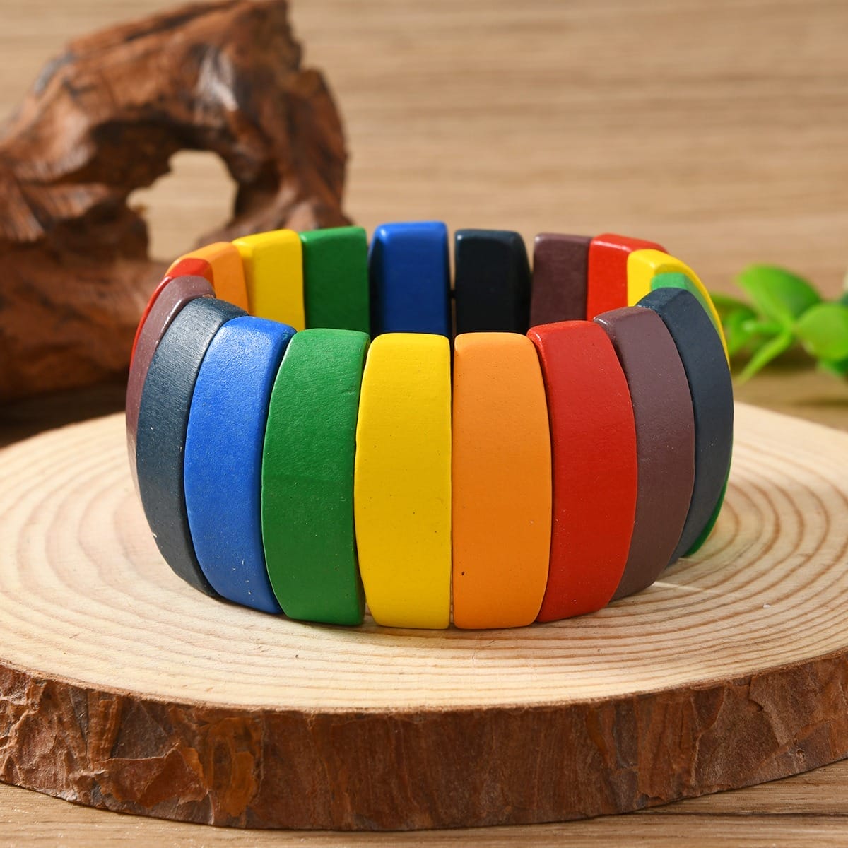 Colourful Wooden Bangles: Adjustable boho wide bead bracelet with rainbow wood segments.