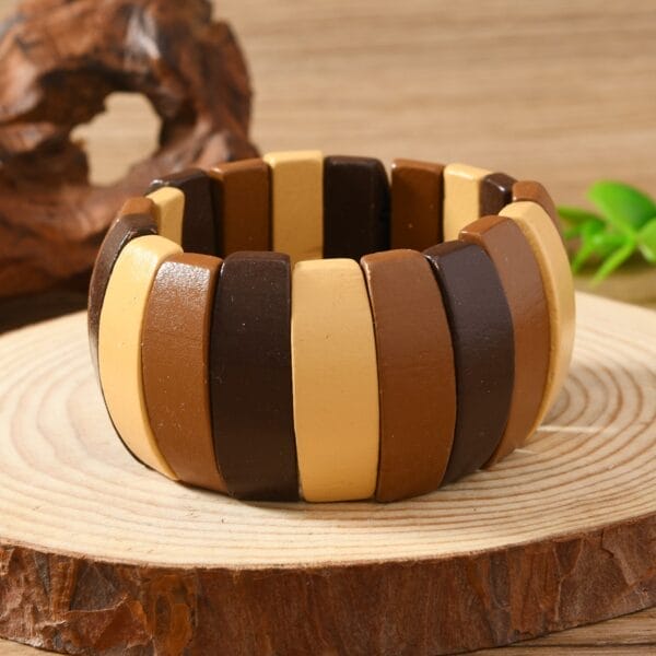 Colourful Wooden Bangles, adjustable boho wide bead bracelet in brown and beige tones.