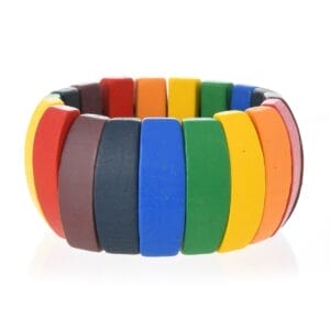 Colourful Wooden Bangles: Adjustable Boho Wide Bead Bracelets with rainbow wood beads.