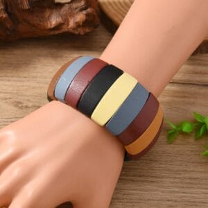 Colourful Wooden Bangles: Adjustable boho wide bead bracelets on display