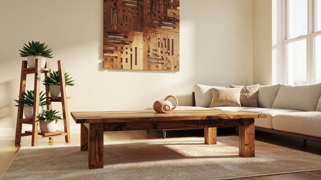 Living room with wooden coffee table, plant stand, and wall art, discussing if wood is a recyclable material.