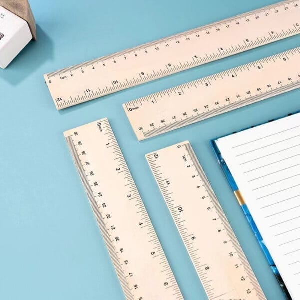 30cm Pine Wood Promotional Ruler: Custom rulers with company logo, inch & cm markings on light blue surface.