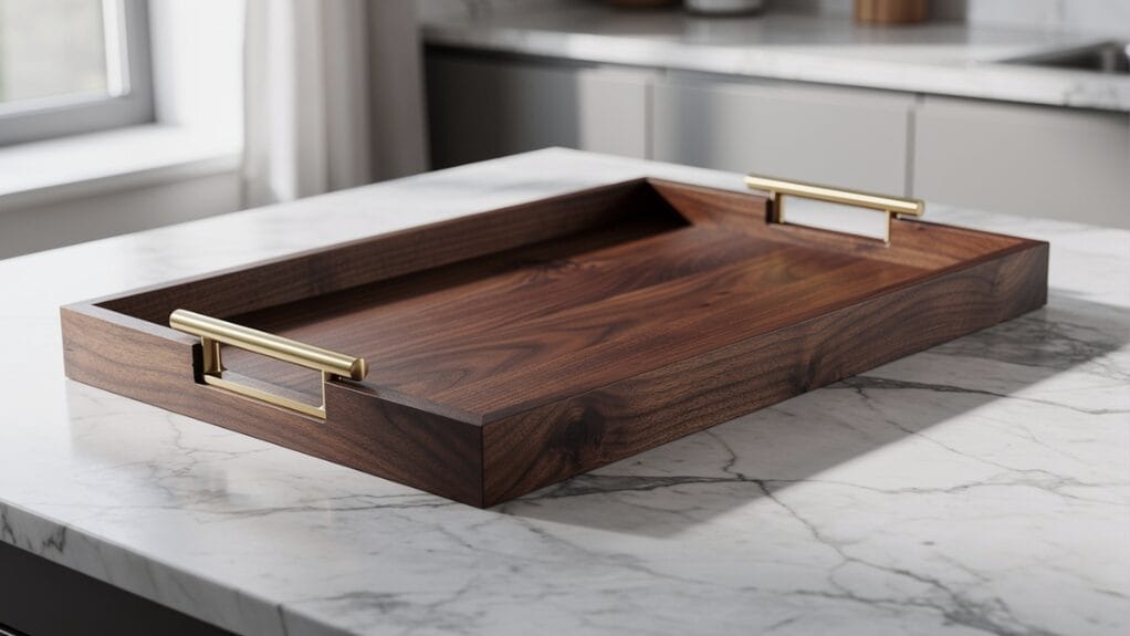 Wooden serving tray with gold handles on a marble countertop.