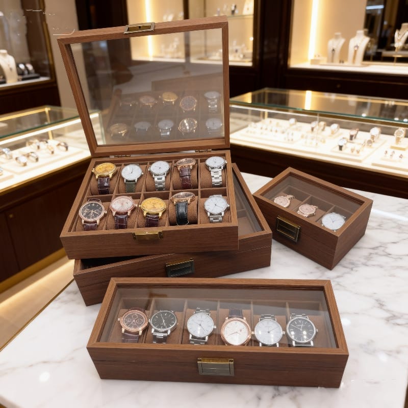 Wooden watch boxes displaying various wristwatches on a marble surface.