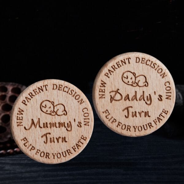Custom Wooden Challenge Coins: "Mummy's Turn" & "Daddy's Turn" engraved coins for new parent decision making.