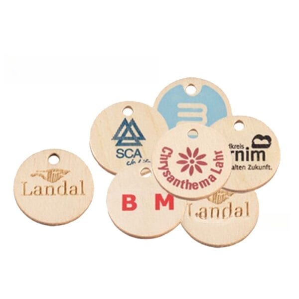 Custom Wooden Tokens with Logo: Printed and laser-engraved designs on round wooden tokens.