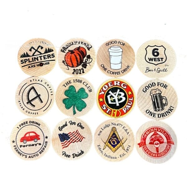 Custom Wooden Tokens with Logo: Printed/laser-engraved wooden tokens featuring unique logos, perfect for branding and promotions.
