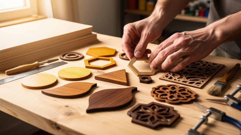 Wood craft materials: Artisan arranging wooden shapes and laser-cut designs on a workbench.
