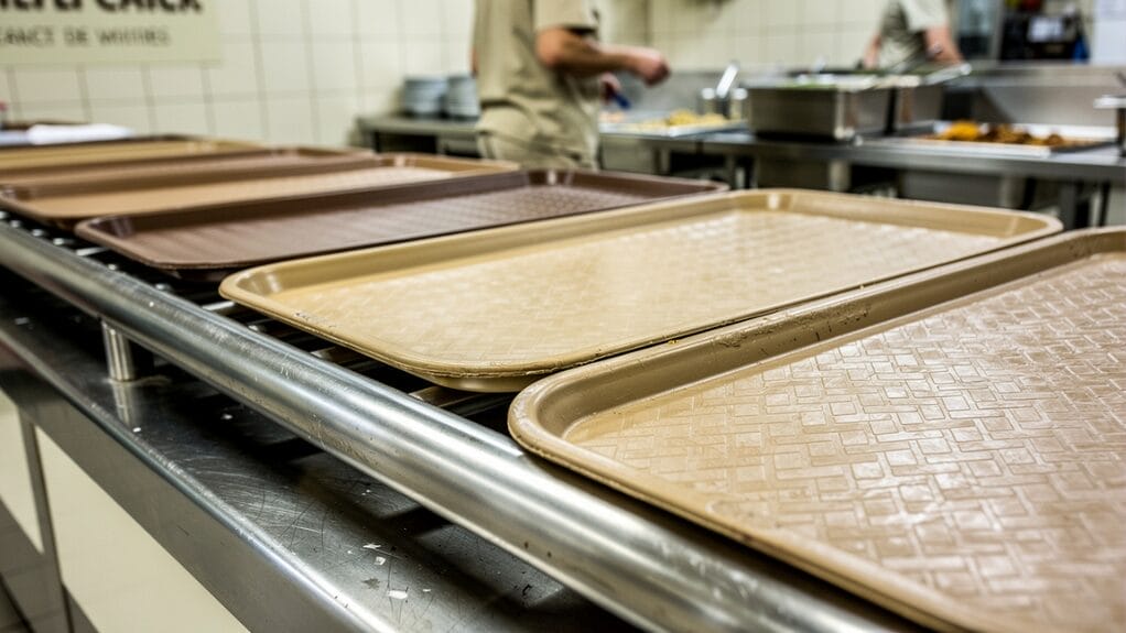 Cafeteria serving trays in tan and brown on a metal counter, ready for food service.
