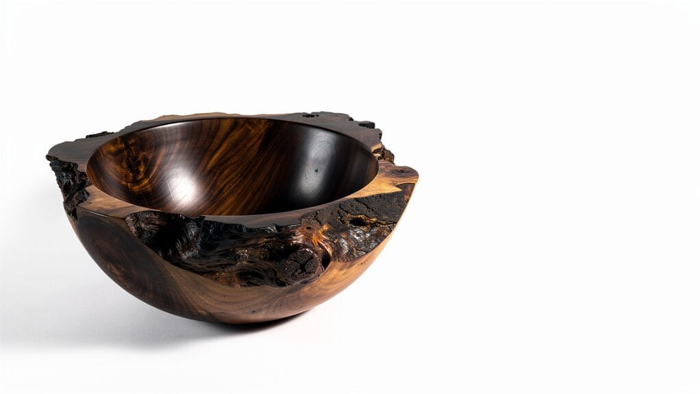 Handcrafted wooden bowl with rough bark edge, showcasing rich grain