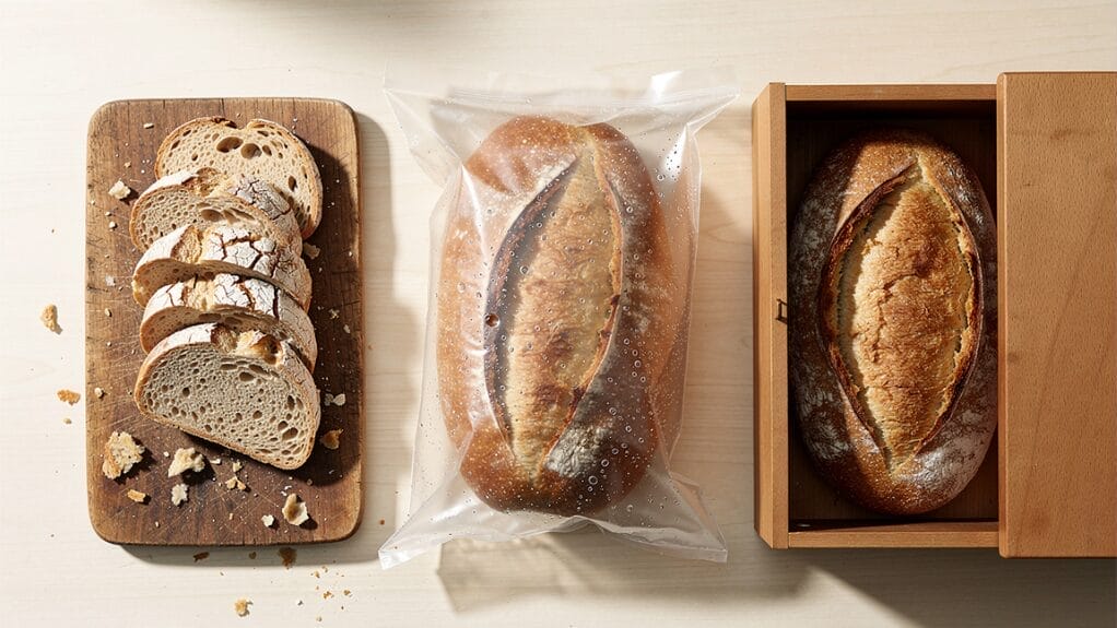 Loaf of bread sliced on a board, vacuum sealed, and stored in a wooden bread box. Are wooden bread boxes good?