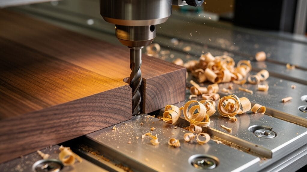 CNC router machine drilling wood, with wood shavings. Demonstrates CNC router use in woodworking.