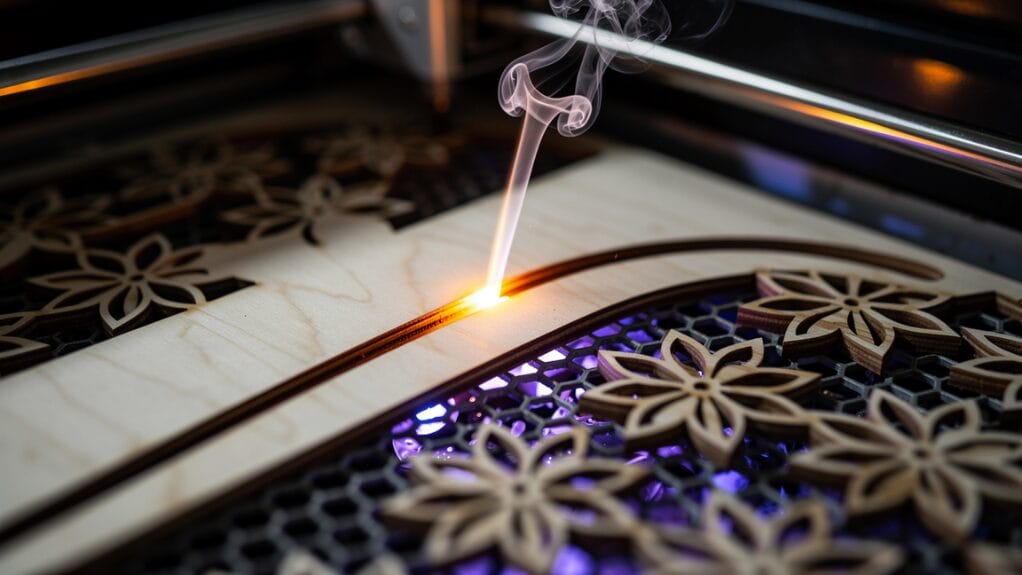 Laser cutting wood with intricate floral designs, showcasing "Laser Cut Wood vs CNC" blog topic.