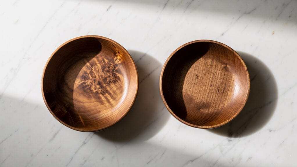 How much are wooden bowls worth? Two wooden bowls, one with intricate grain, on a marble surface.