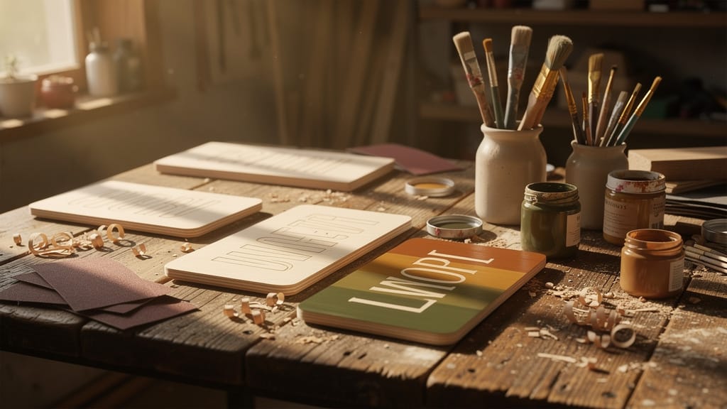 Making wooden signs: Wood blanks, paint jars, and brushes on a workbench, ready for a DIY project.