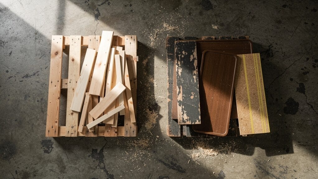 Recyclable wood: Pallets and wood scraps for recycling.