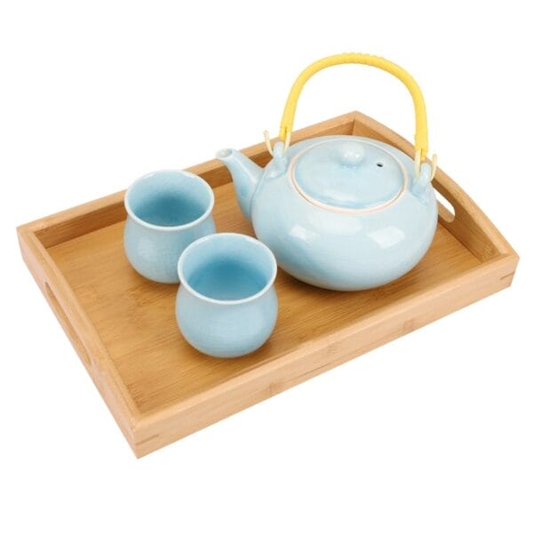 Large Personalised Wooden Butler Tray with light blue teapot and cups. Bamboo & Beech double-handle serving tray.