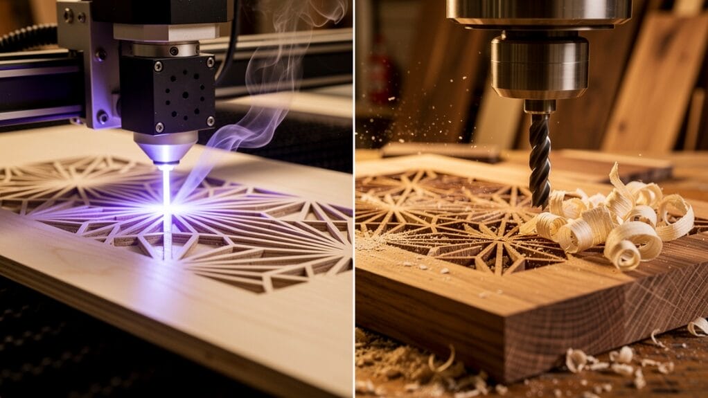 Laser cut wood design and CNC router machine carving wood, showcasing differences between Laser Cut Wood vs CNC.