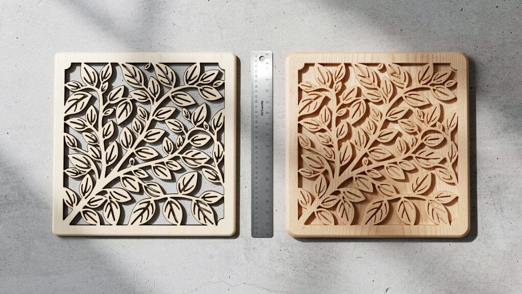 Two laser cut wood art pieces with leaf designs, showcasing CNC router machine capabilities.