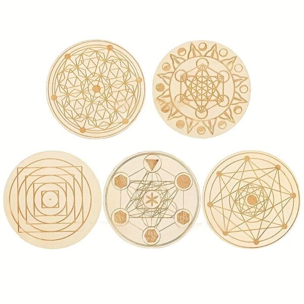 Engraved Coasters: Set of five laser-cut wooden coasters featuring intricate geometric designs.