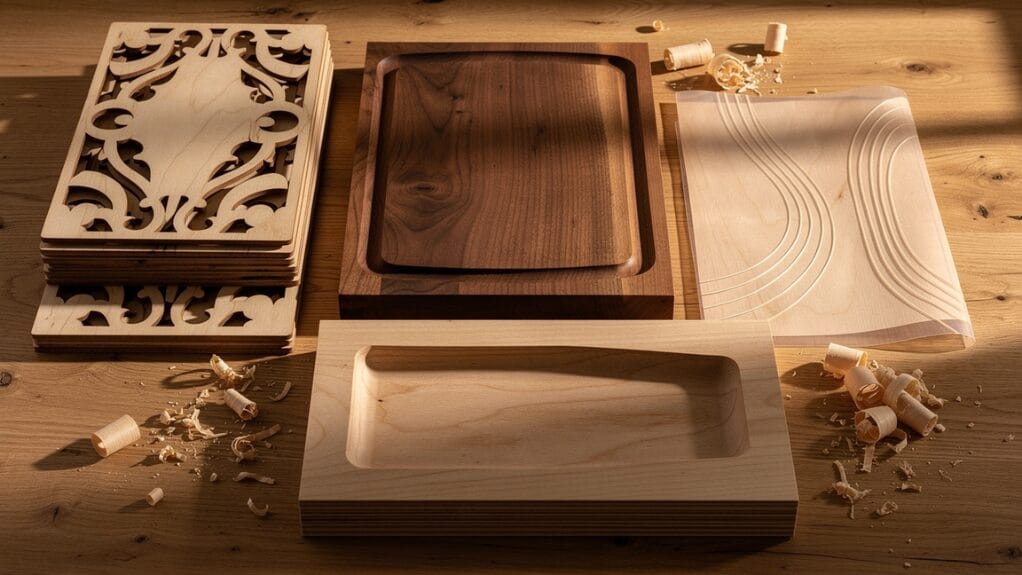 Various laser cut wood and CNC routed wooden trays and decorative panels, showcasing different woodworking techniques.
