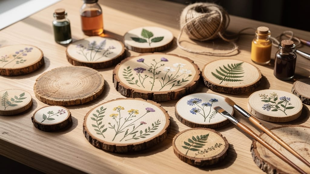 DIY wood circle craft ideas: painted floral designs on wood circles with paintbrushes and bottles of paint.
