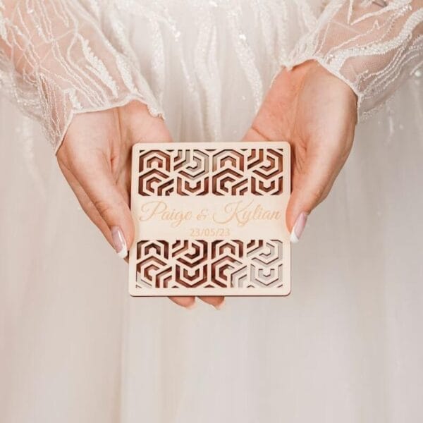 Personalized Wooden Coaster Wedding Favor: "Paige & Kylian" 23/05/23, laser-cut geometric design.