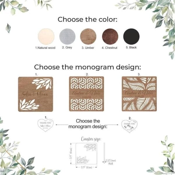 Personalized Wooden Coasters Wedding Favors: Choose color, design, and monogram for custom guest gifts.