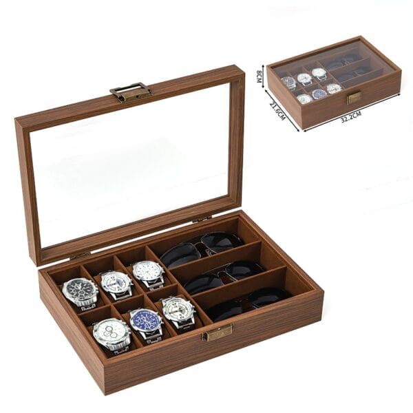 Wooden watch and sunglasses display case with glass lid, showcasing watches and sunglasses