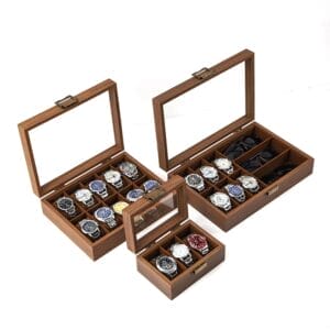 Watch and sunglasses display boxes. Wooden storage organizers with glass lids.