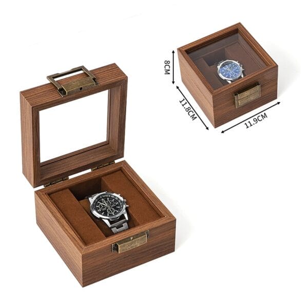 AUTO-DRAFT: Wooden watch boxes, one open, one closed, displaying watches.