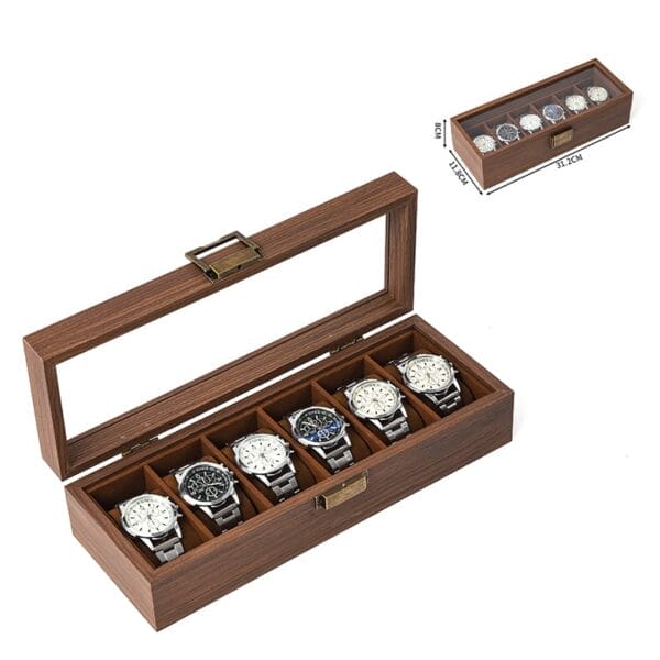 Wooden watch box with glass top, displaying six wristwatches