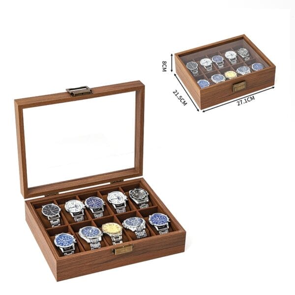 AUTO-DRAFT watch box organizer with clear glass top, showcasing a collection of wristwatches.